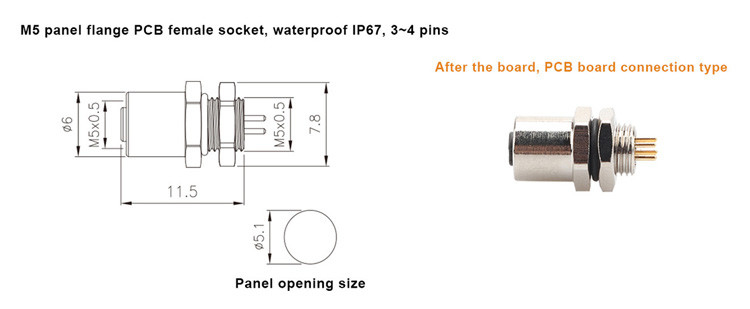 Wytwórnia M5 Kod-A 4Pin Panel Flange PCB Kobieta Soket Kołowy łącznik IP67